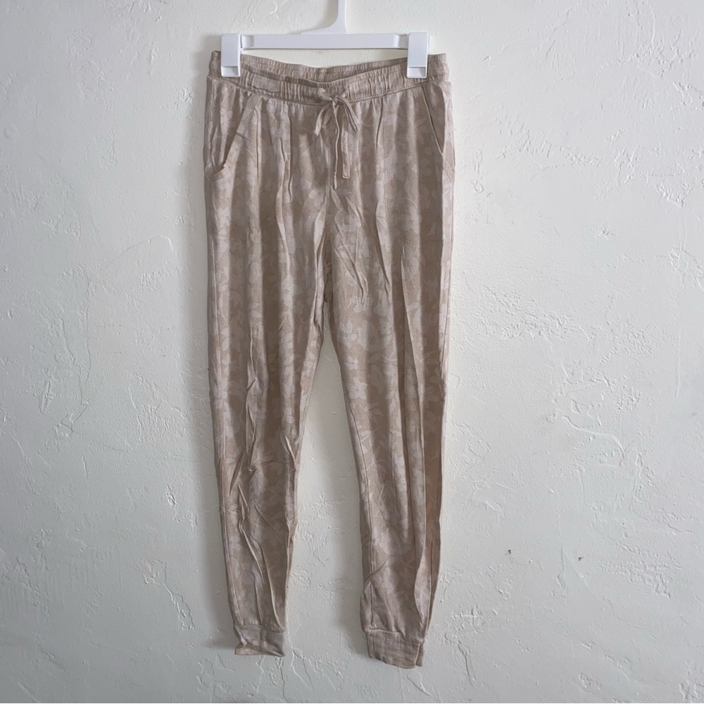 Floral Lounge Pants Jogger Style Drawstring Waist Cream Ivory Relax Rayon Small